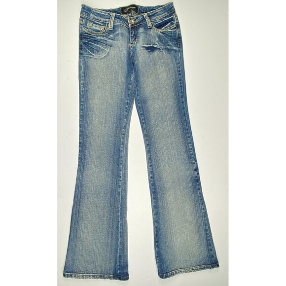 Y2K Vintage Bonage Juniors Women 9/10 Rainbow Embroidered Jeans Blue Low Rise - Picture 1 of 16